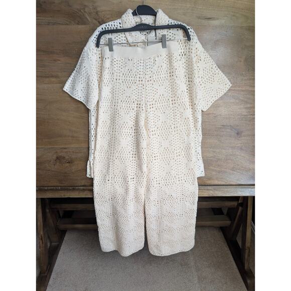 Allsaints Milly Open Knit 2-Piece Pajama Set Womens M Ecru White Short Sleeve - Picture 2 of 5